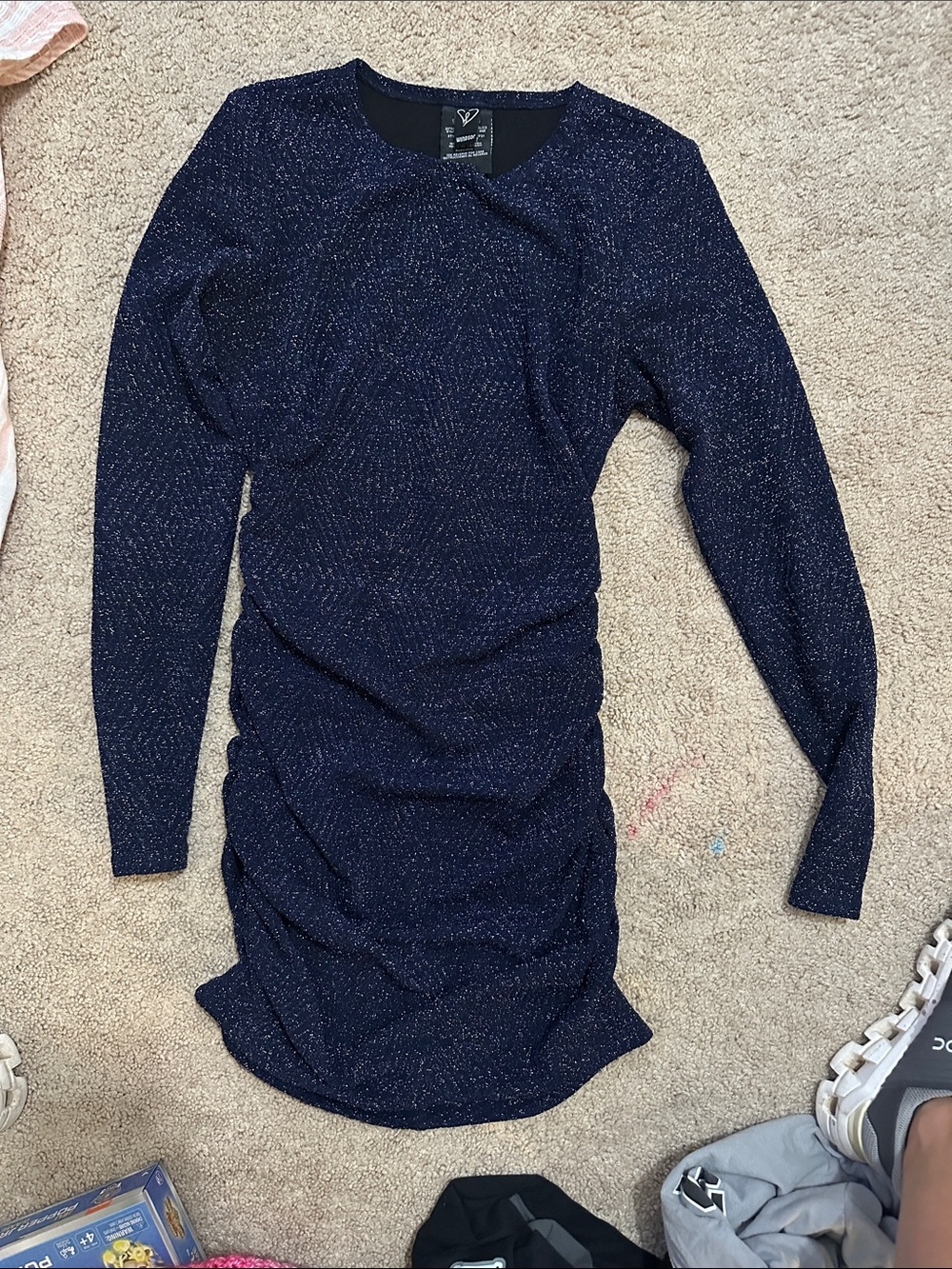 Windsor Navy Sparkle Long-Sleeve Ruched Bodycon Dress